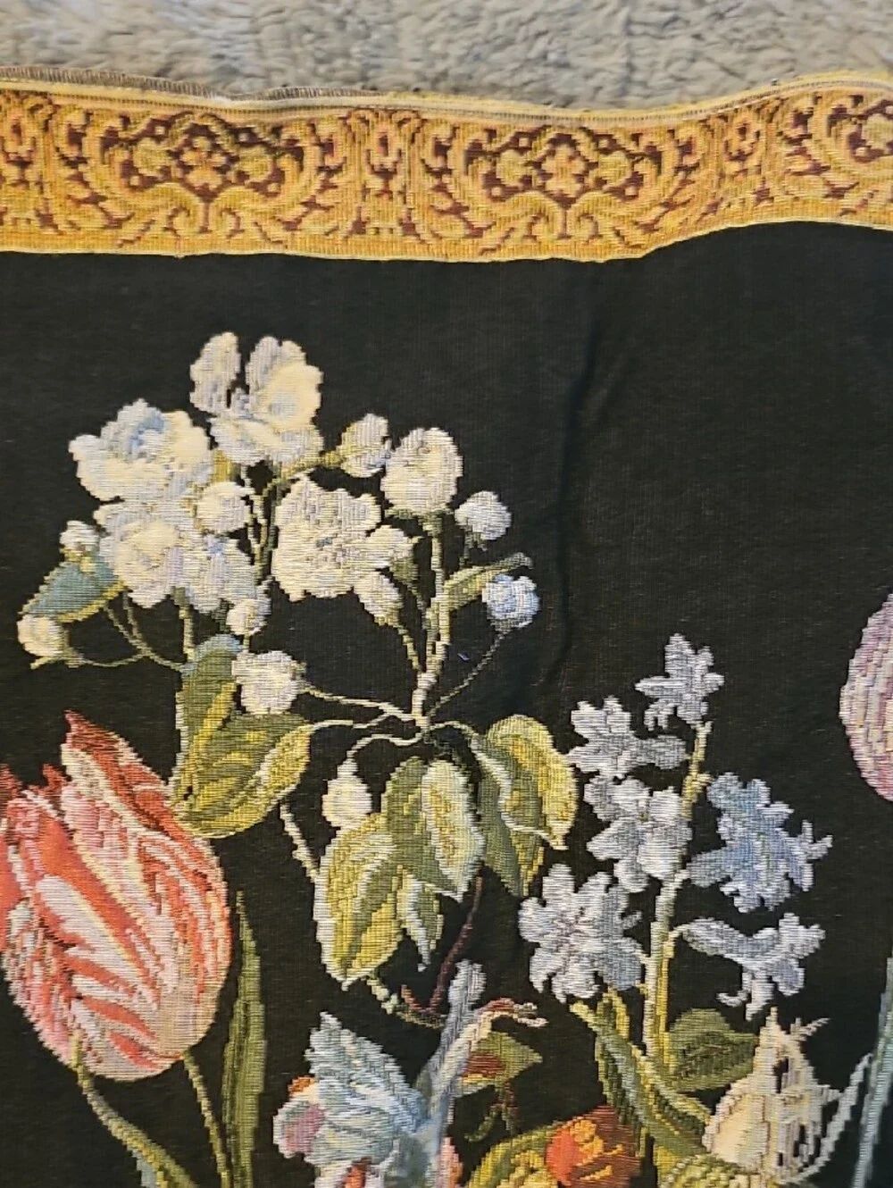 Vintage Black Tapestry Floral Basket Home Decor 70s Wall Hanging 27 X 25
